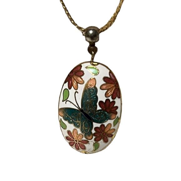 Cloisonné Butterfly Floral Turquoise White Green Gold Tone Necklace Pendant - Picture 1 of 7